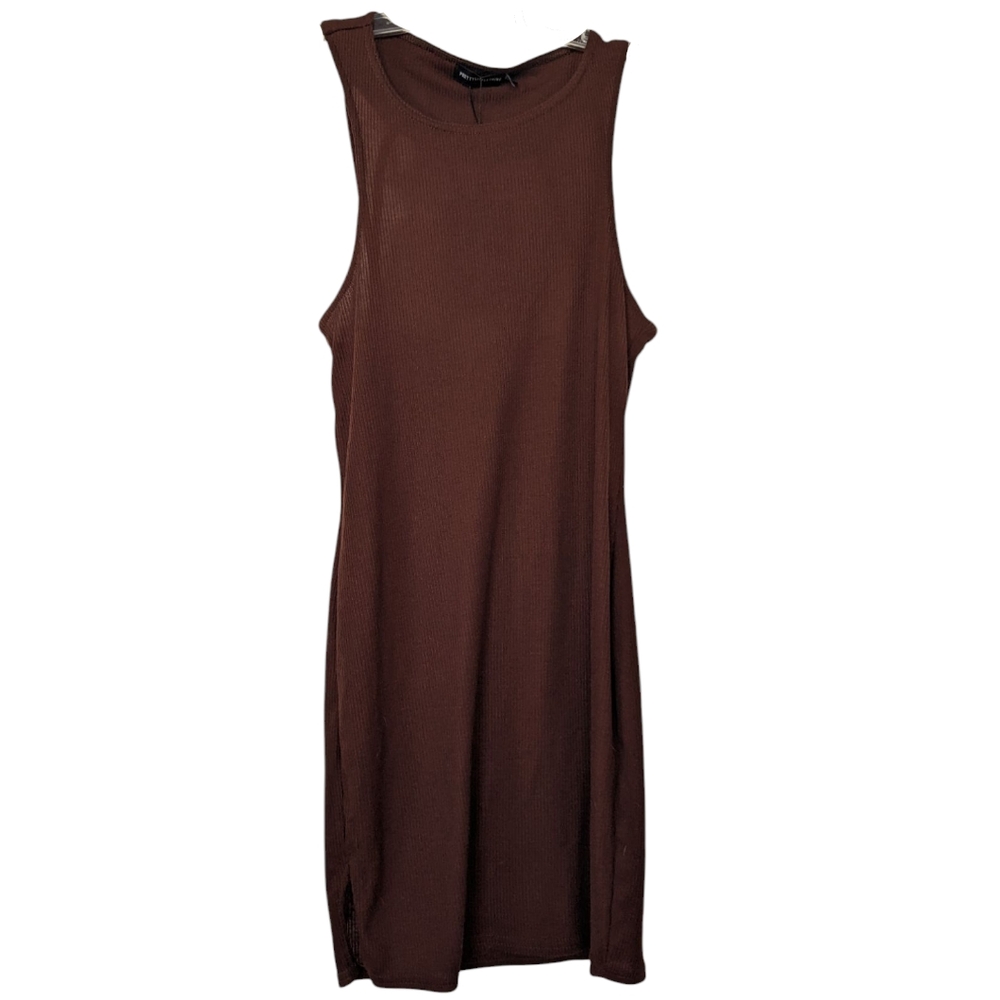 NWT Pretty Little Thing Ribbed Dress Size 10 Brown Midi Open Back Tank Scoop